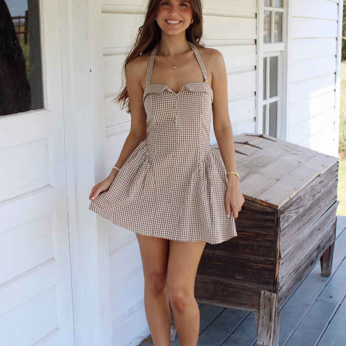 princess polly baby blue dress emory park Gingham Halter Mini Dress in Brown main image 0